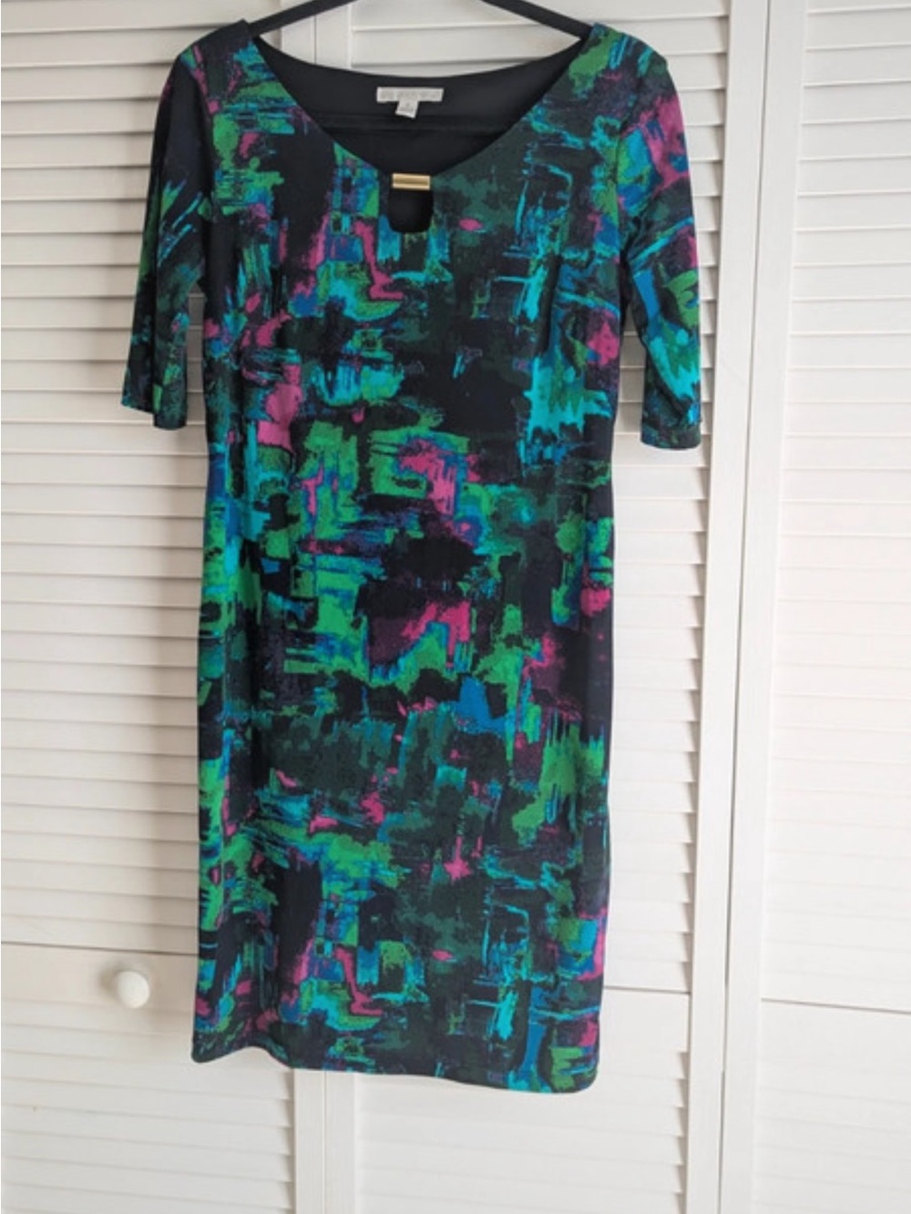 London Times Black Sheath Dress with Green, Blue & Pink Abstract Print